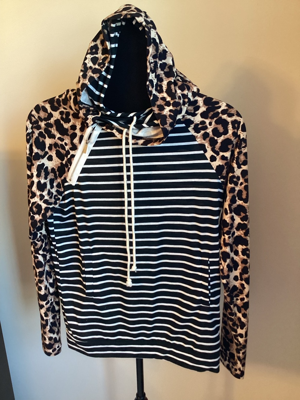 AndTheWhy Striped & Leopard Print Hoodie Pullover Top Size S
